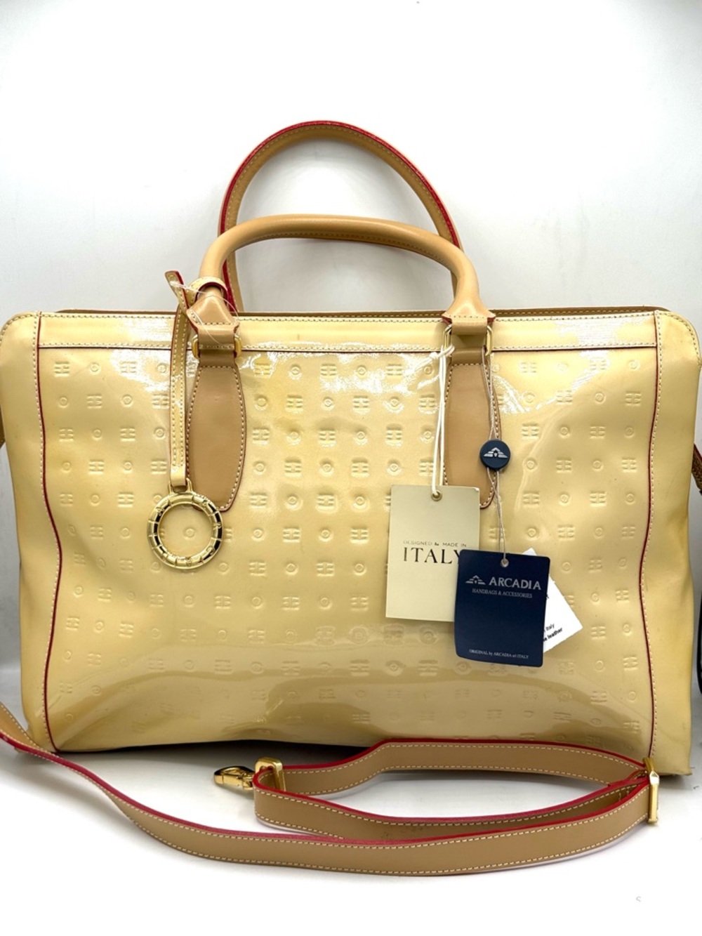 Arcadia Cream Patent Leather Business Tote NWT w/ Top Handles & Crossbody Strap